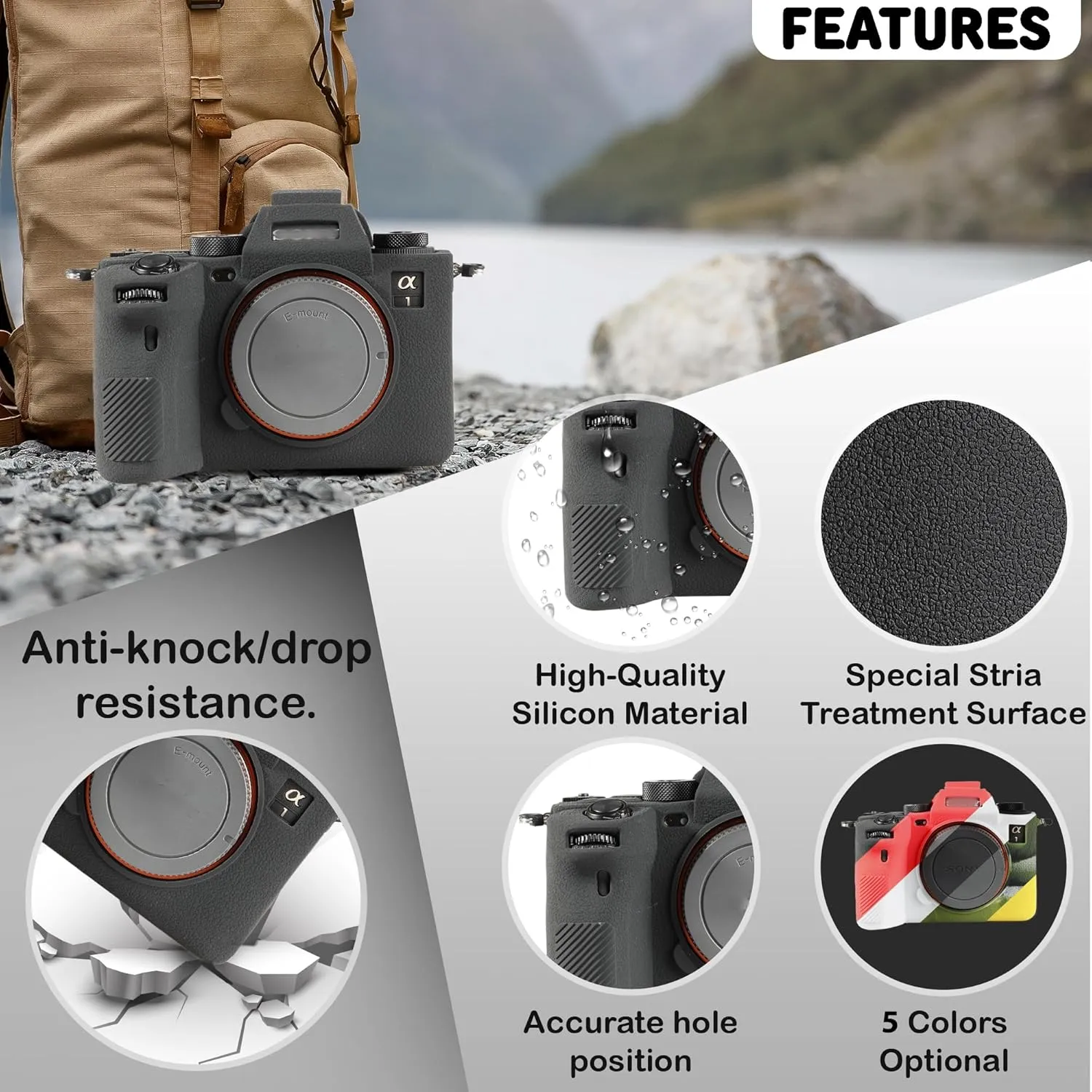Camera Case for Sony A1 - Protective Silicone DSLR Skin Cover, Detachable Cage, Shockproof, Dustproof (Black)