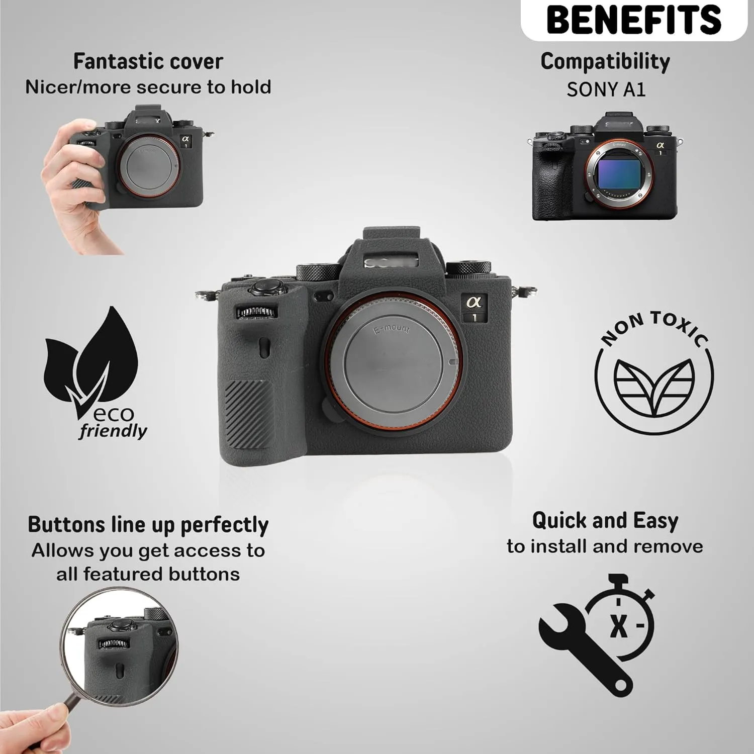 Camera Case for Sony A1 - Protective Silicone DSLR Skin Cover, Detachable Cage, Shockproof, Dustproof (Black)