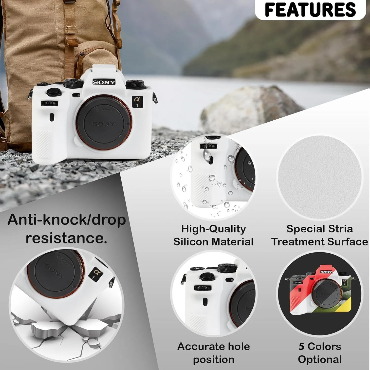 Camera Case for Sony A1 - Protective Silicone DSLR Skin Cover, Detachable Cage, Shockproof, Dustproof (White)