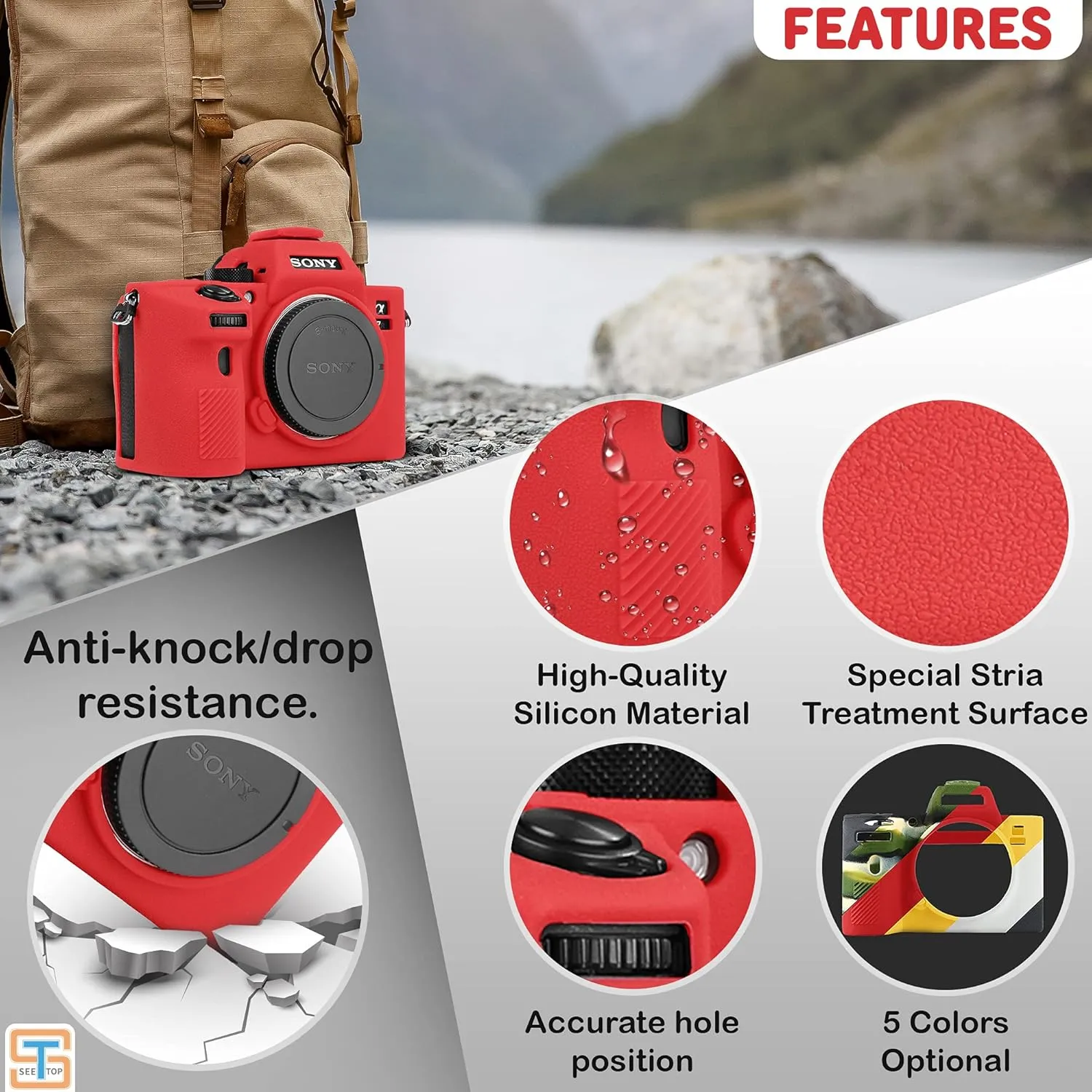 Camera Case for Sony A7III A7RIII Sony ILCE-7RIII A73 A7R3- Protective Silicone DSLR Skin Cover, Detachable Cage, Shockproof, Dustproof (Red)