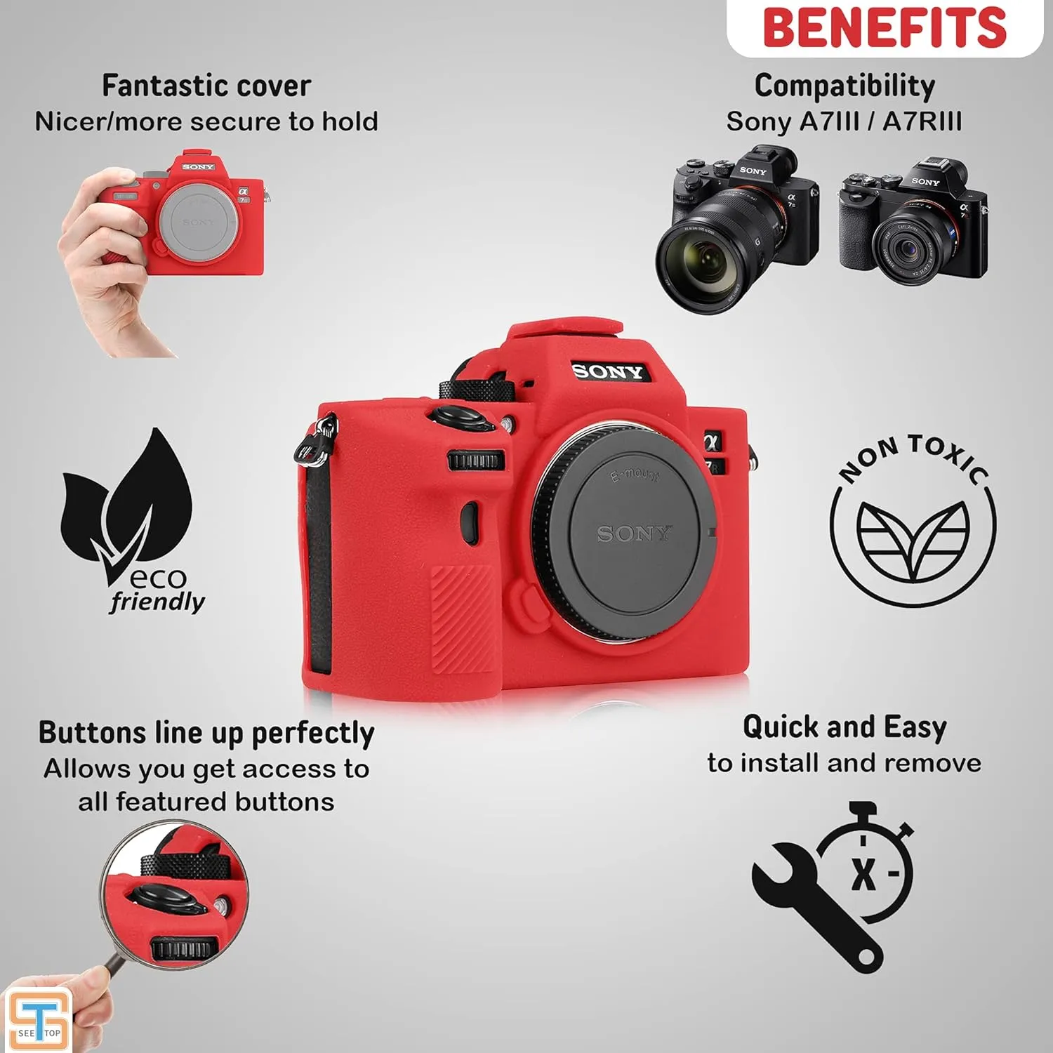 Camera Case for Sony A7III A7RIII Sony ILCE-7RIII A73 A7R3- Protective Silicone DSLR Skin Cover, Detachable Cage, Shockproof, Dustproof (Red)