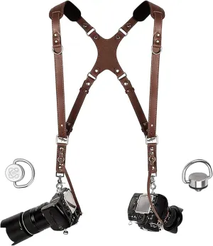 Camera Harness for 2 Cameras Slim Dual Shoulder Leather Camera Strap Camera Straps for Photographers with Safety Tether Adjustable Size, Color Brown