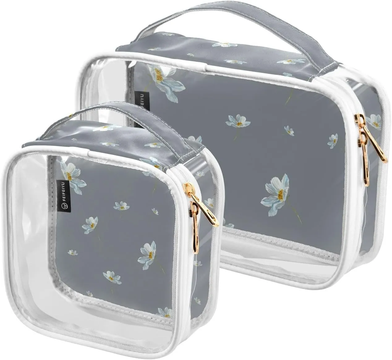 Camomile-daisy-flower-pattern 2 Pack Clear Toiletry Bag Women Men, Portable Waterproof Clear Pouch, Cosmetic Bag with Double Zippers Large Opening Traveling with Handle for Bathroom Traveling Vacation