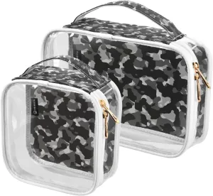 Camouflage-grey-pattern 2 Pack Clear Toiletry Bag Women Men, Portable Waterproof Clear Pouch, Cosmetic Bag with Double Zippers Large Opening Traveling with Handle for Bathroom Traveling Vacation Organ