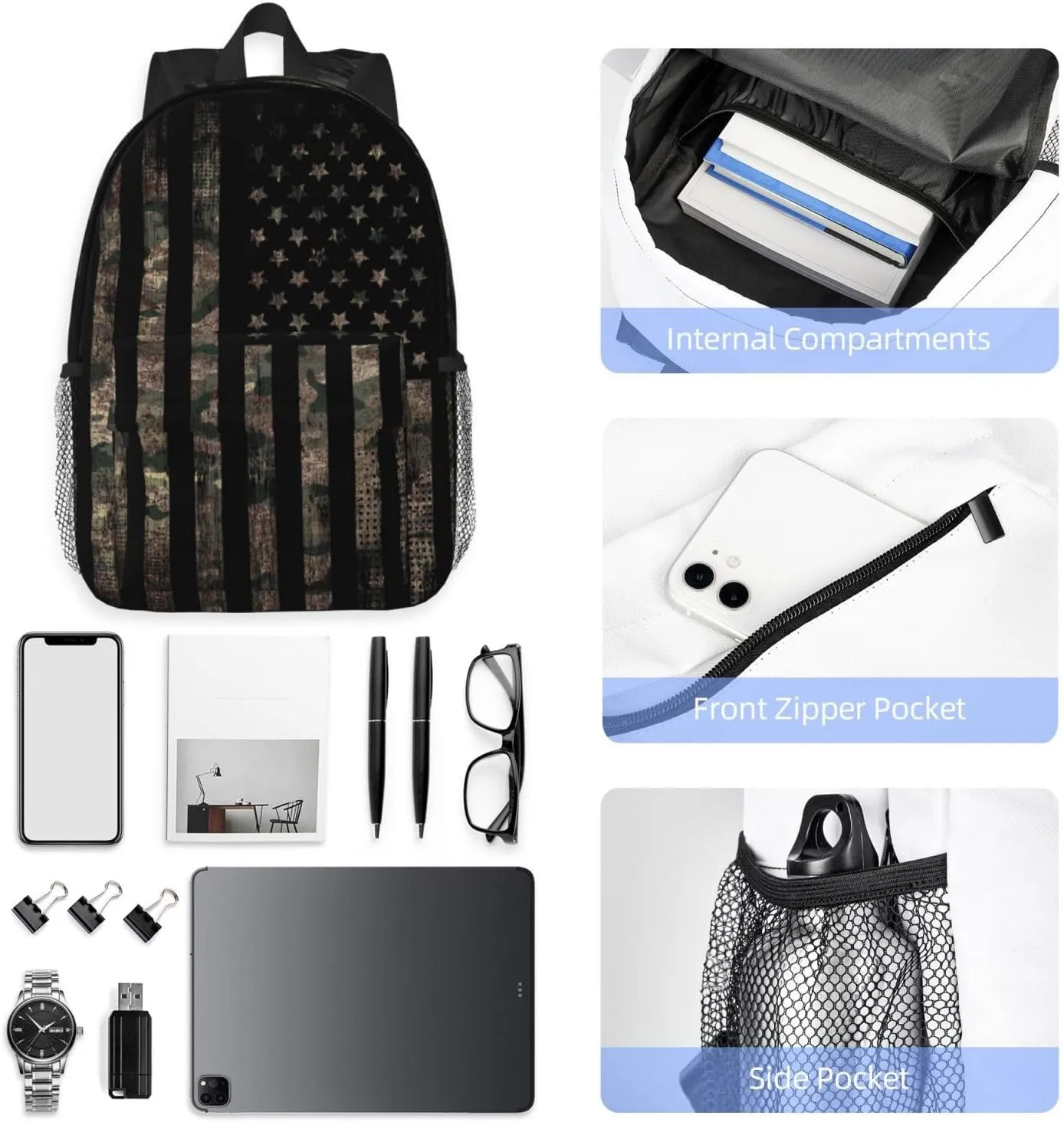 Camouflage Hunting Tactical Camo American Flag 15 Inch Backpack Laptop Travel Bag For Men Women With Multiple Pockets Casual Hiking Gym Sport