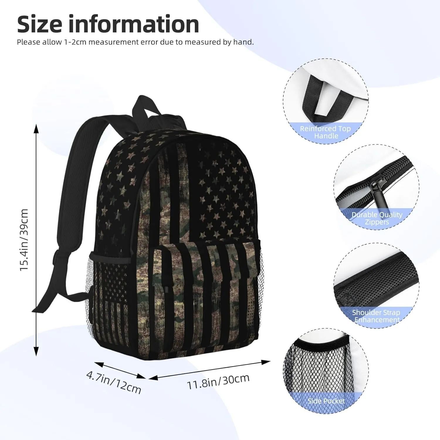 Camouflage Hunting Tactical Camo American Flag 15 Inch Backpack Laptop Travel Bag For Men Women With Multiple Pockets Casual Hiking Gym Sport