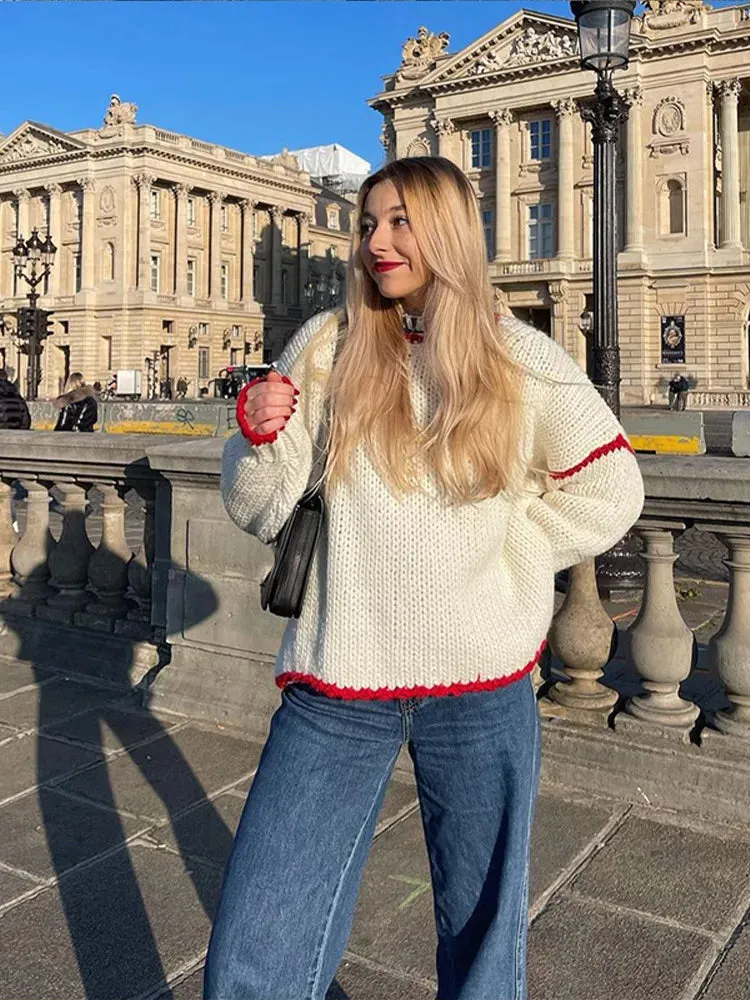 Casual Knitted Contrast Women's Pullovers Loose Round Neck Long Sleeve Sweater