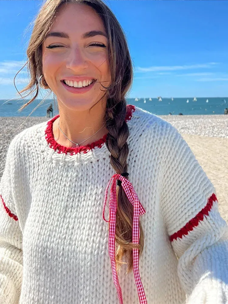 Casual Knitted Contrast Women's Pullovers Loose Round Neck Long Sleeve Sweater