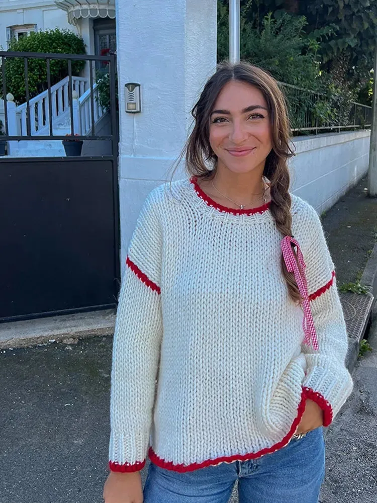 Casual Knitted Contrast Women's Pullovers Loose Round Neck Long Sleeve Sweater