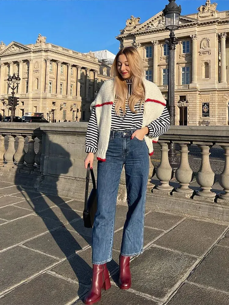 Casual Knitted Contrast Women's Pullovers Loose Round Neck Long Sleeve Sweater