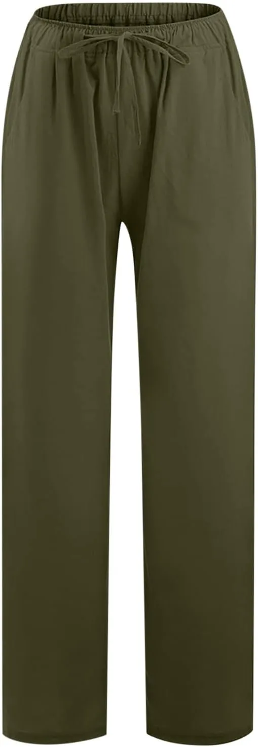 Casual Linen Pants Women 2024 Trendy Wide Leg Long Pant with Pockets Drawstring Summer Fall Palazzo Trousers, Large