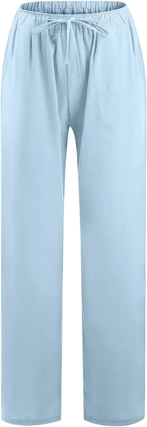 Casual Linen Pants Women 2024 Trendy Wide Leg Long Pant with Pockets Drawstring Summer Fall Palazzo Trousers, Large