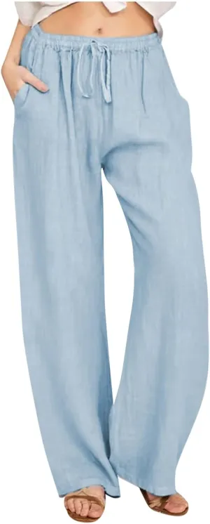 Casual Linen Pants Women 2024 Trendy Wide Leg Long Pant with Pockets Drawstring Summer Fall Palazzo Trousers, Large