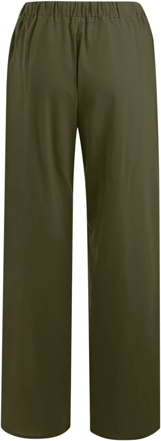 Casual Linen Pants Women 2024 Trendy Wide Leg Long Pant with Pockets Drawstring Summer Fall Palazzo Trousers, Large