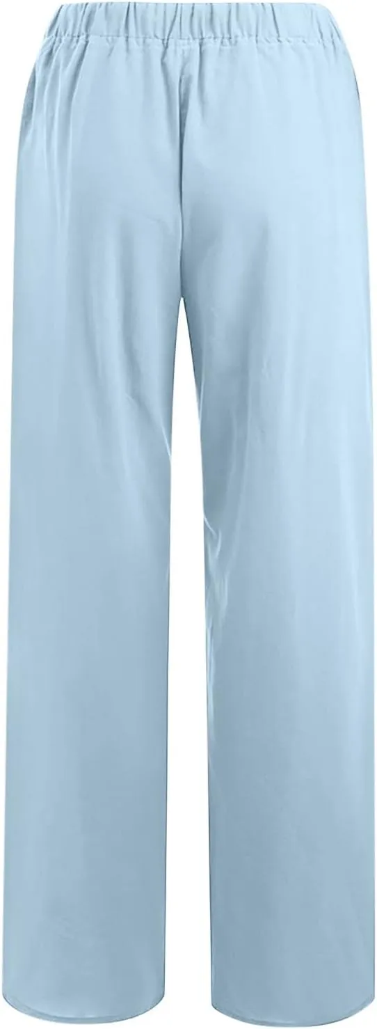 Casual Linen Pants Women 2024 Trendy Wide Leg Long Pant with Pockets Drawstring Summer Fall Palazzo Trousers, Large