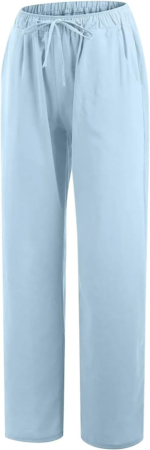 Casual Linen Pants Women 2024 Trendy Wide Leg Long Pant with Pockets Drawstring Summer Fall Palazzo Trousers, Large