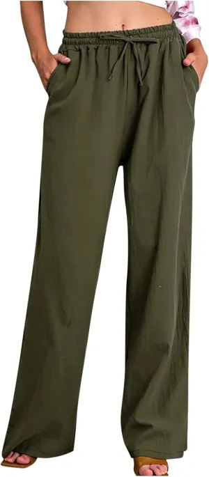 Casual Linen Pants Women 2024 Trendy Wide Leg Long Pant with Pockets Drawstring Summer Fall Palazzo Trousers, Large