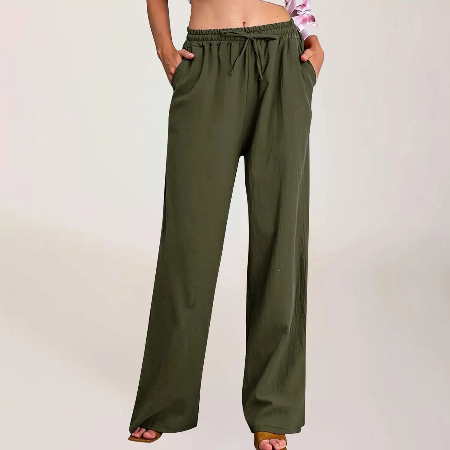 Casual Linen Pants Women 2024 Trendy Wide Leg Long Pant with Pockets Drawstring Summer Fall Palazzo Trousers, Large