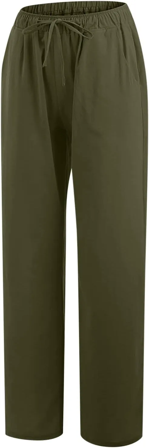 Casual Linen Pants Women 2024 Trendy Wide Leg Long Pant with Pockets Drawstring Summer Fall Palazzo Trousers, Large