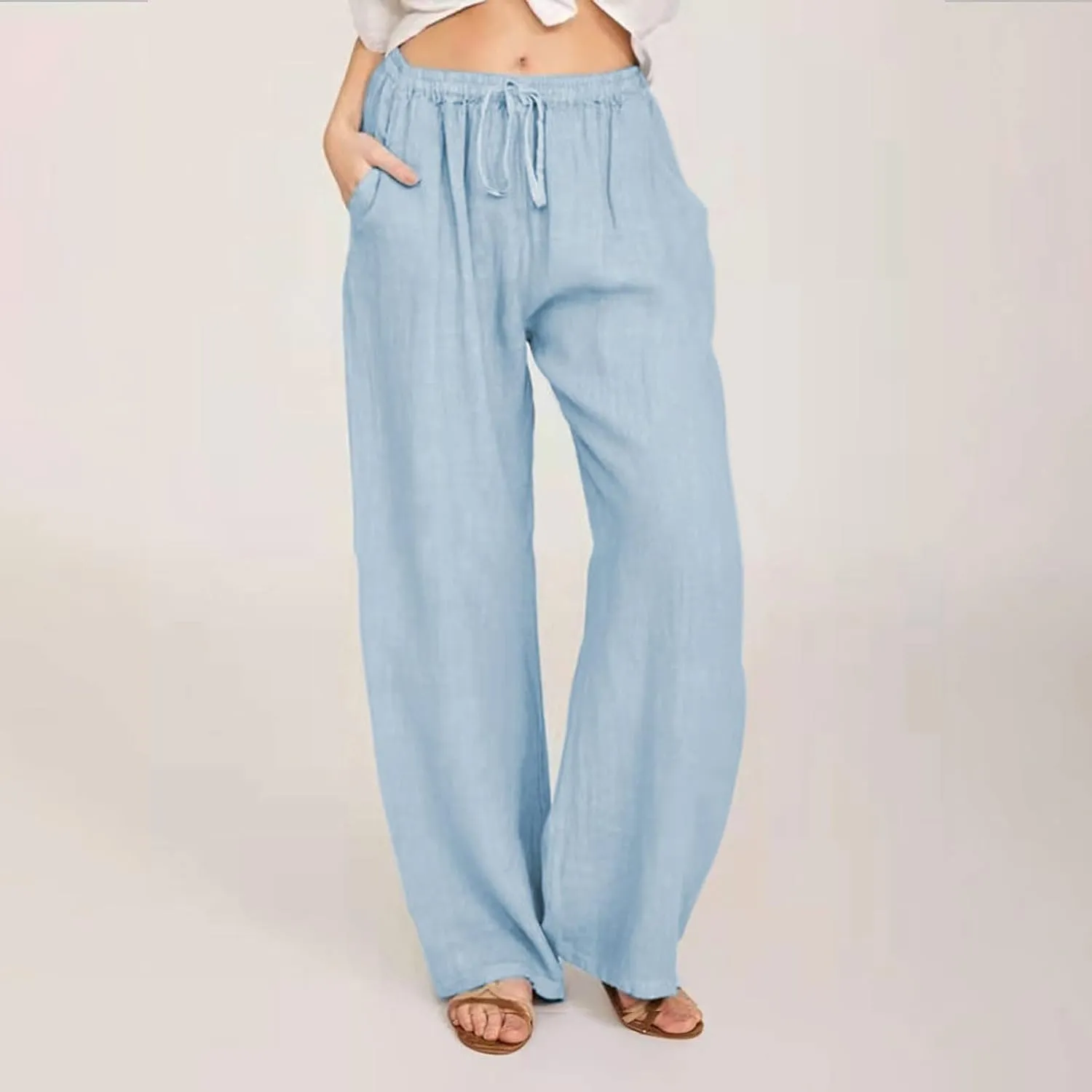 Casual Linen Pants Women 2024 Trendy Wide Leg Long Pant with Pockets Drawstring Summer Fall Palazzo Trousers, Large