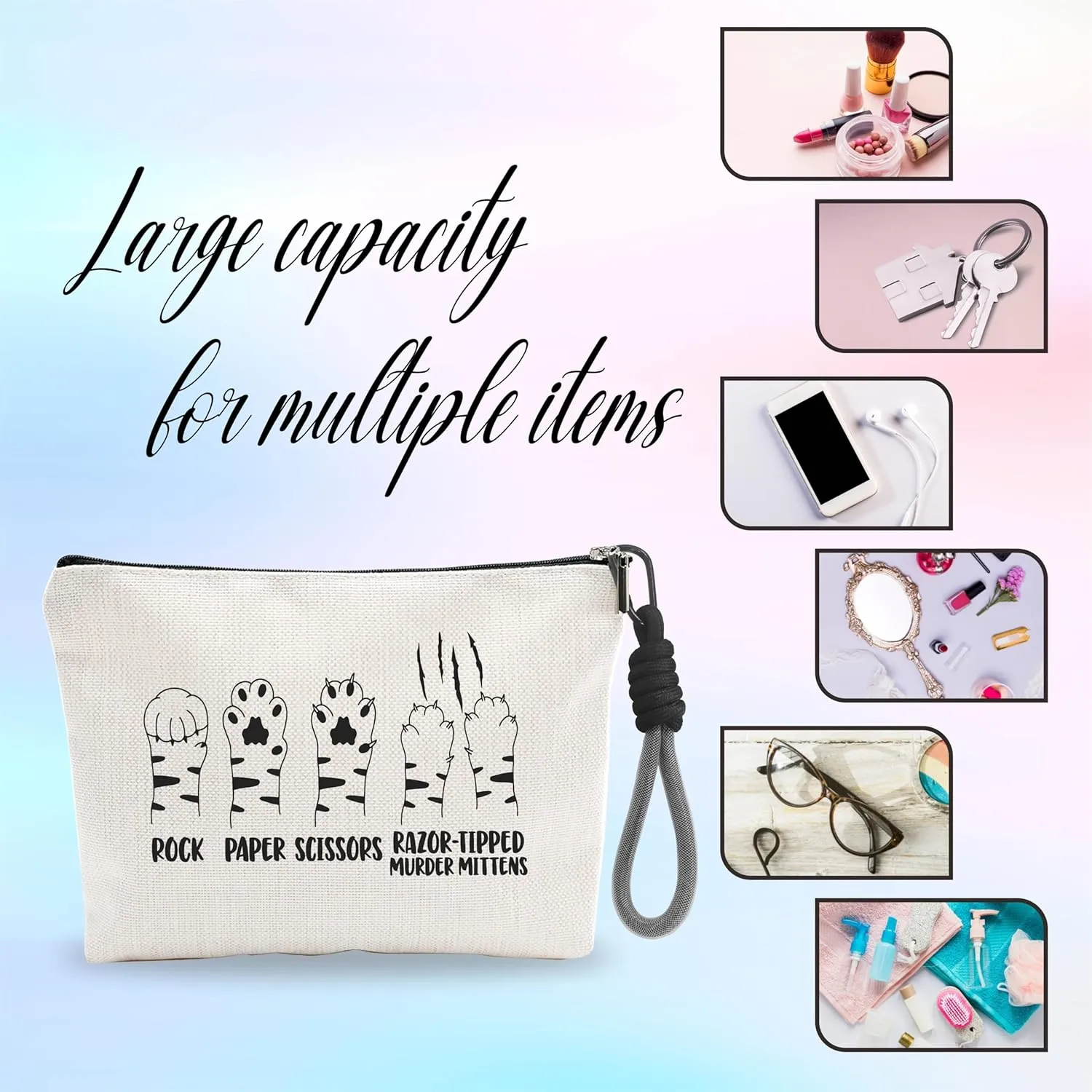 Cat's Paw Cosmetic Bag With Black Hand Strap,Makeup Bag For Women,Skin Care Bag,Travel Zipper Pouch,Gift For Cat Lovers,Make Up Bag Organizer,Women Essentials & Accessories-A06