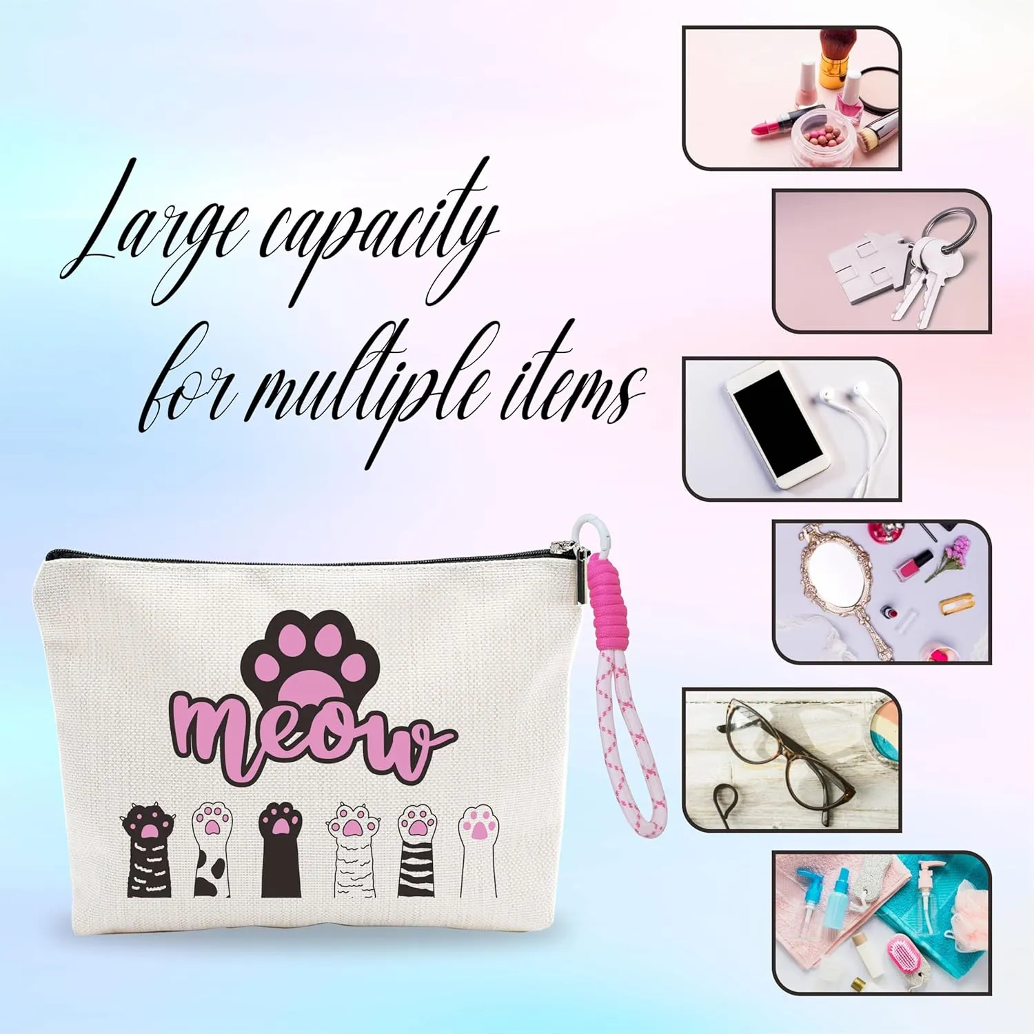 Cat's Paw Makeup Bag With Pink Hand Strap,Cosmetic Bag For Women,Travel Skin Care Bag,Toiletry Bag,Gift For Cat Lovers,Birthday Present,Make Up Bag Organizer,Women Essentials -A31