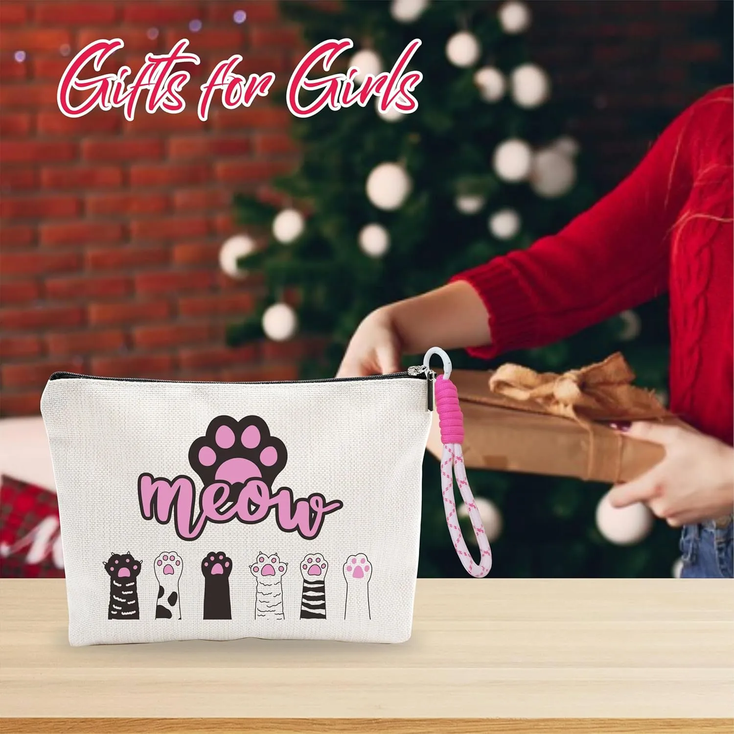 Cat's Paw Makeup Bag With Pink Hand Strap,Cosmetic Bag For Women,Travel Skin Care Bag,Toiletry Bag,Gift For Cat Lovers,Birthday Present,Make Up Bag Organizer,Women Essentials -A31