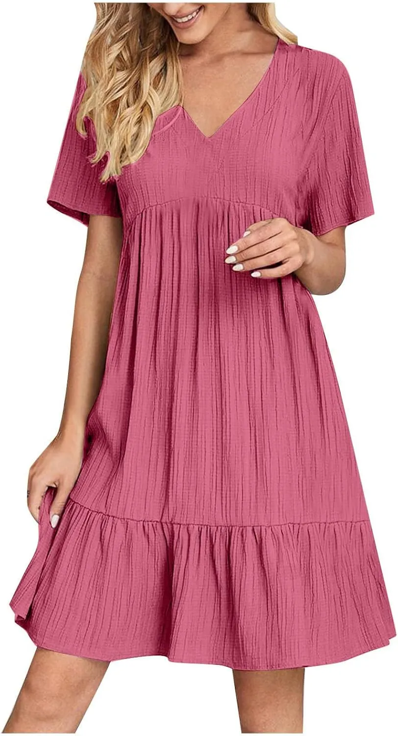 Cbcbtwo Summer Dresses for Women 2025 Casual Loose Fit V Neck Dress Short Sleeve Solid Flowy Sundress Vacation Midi Dress