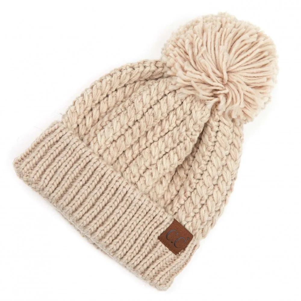 C.C. Beige Twisted Mock Cable Knit Pom Beanie