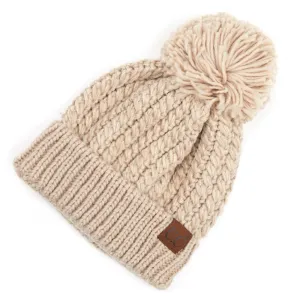 C.C. Beige Twisted Mock Cable Knit Pom Beanie