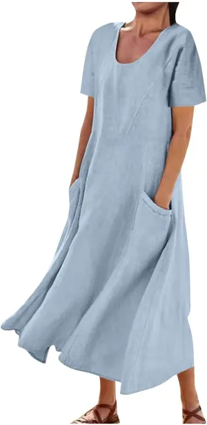 Ceboyel Women 2023 Summer Linen Dress Flowy Short Sleeve Sundress Causal Summer Sun Dress Trendy Beach Maxi Long Dresses