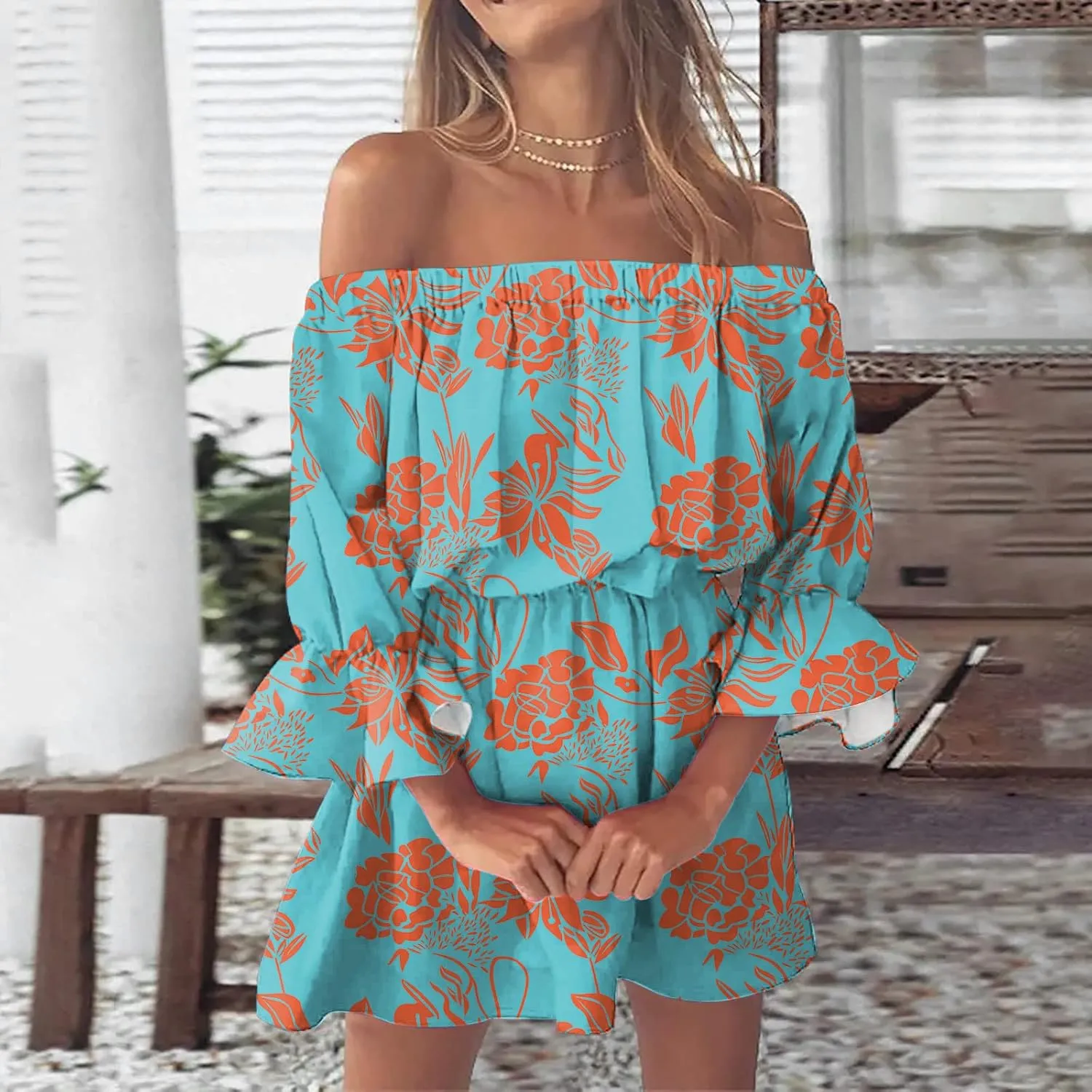Ceboyel Womens Floral Ruffle Dress Off The Shoulder Summer Skater Dresses Boho Short Sundress Cruise Beach Vacation Clothes