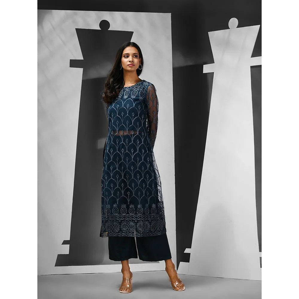 CHARUKRITI Teal Georgette Embroidery Kurta with Pant (Set of 2)