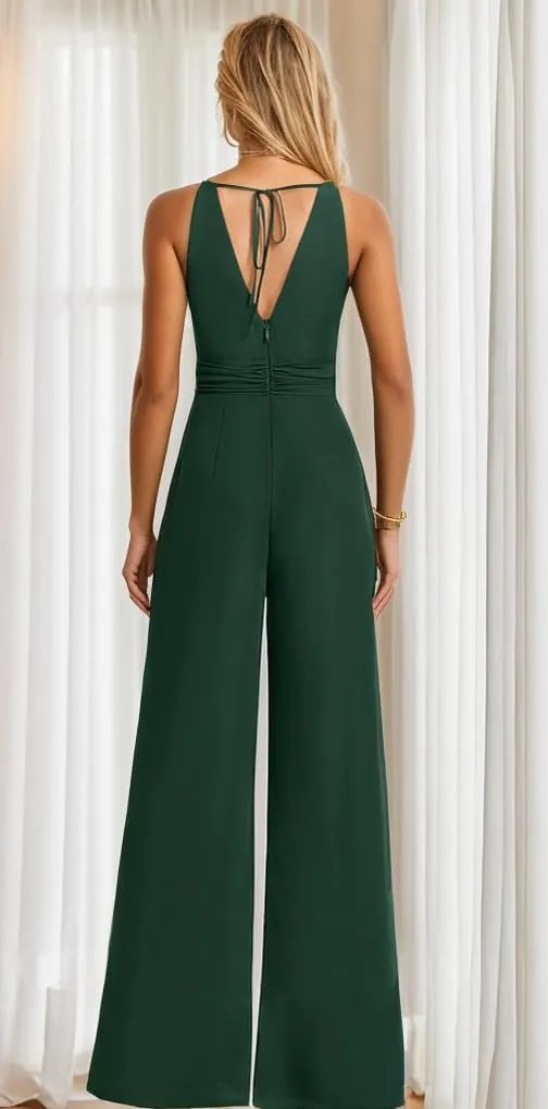 Chiffon Bridesmaid Jumpsuits for Wedding Halter Formal Dress with Pockets Wide Leg Long Pants