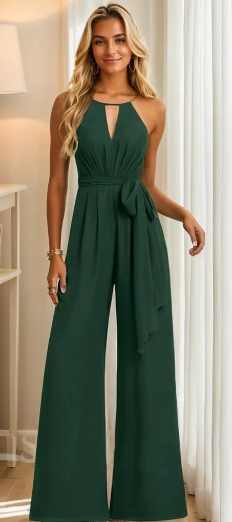 Chiffon Bridesmaid Jumpsuits for Wedding Halter Formal Dress with Pockets Wide Leg Long Pants