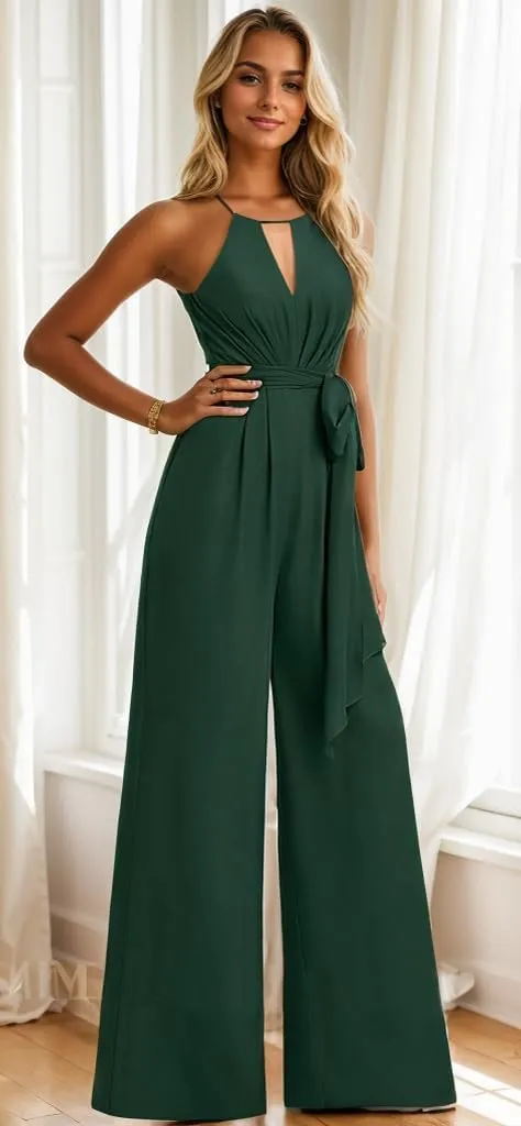 Chiffon Bridesmaid Jumpsuits for Wedding Halter Formal Dress with Pockets Wide Leg Long Pants
