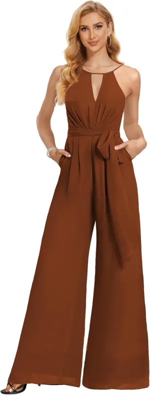 Chiffon Bridesmaid Jumpsuits for Wedding Halter Formal Dress with Pockets Wide Leg Long Pants