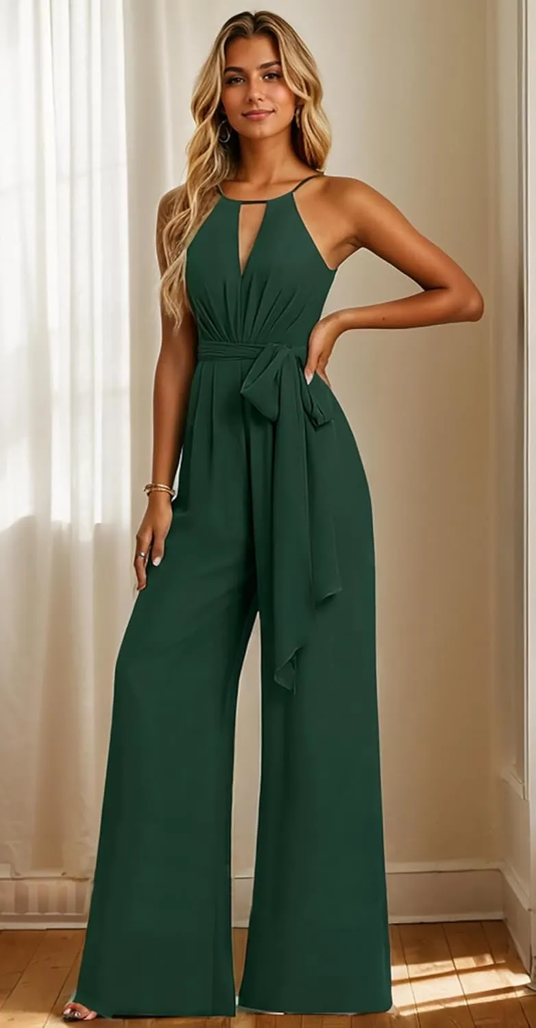 Chiffon Bridesmaid Jumpsuits for Wedding Halter Formal Dress with Pockets Wide Leg Long Pants