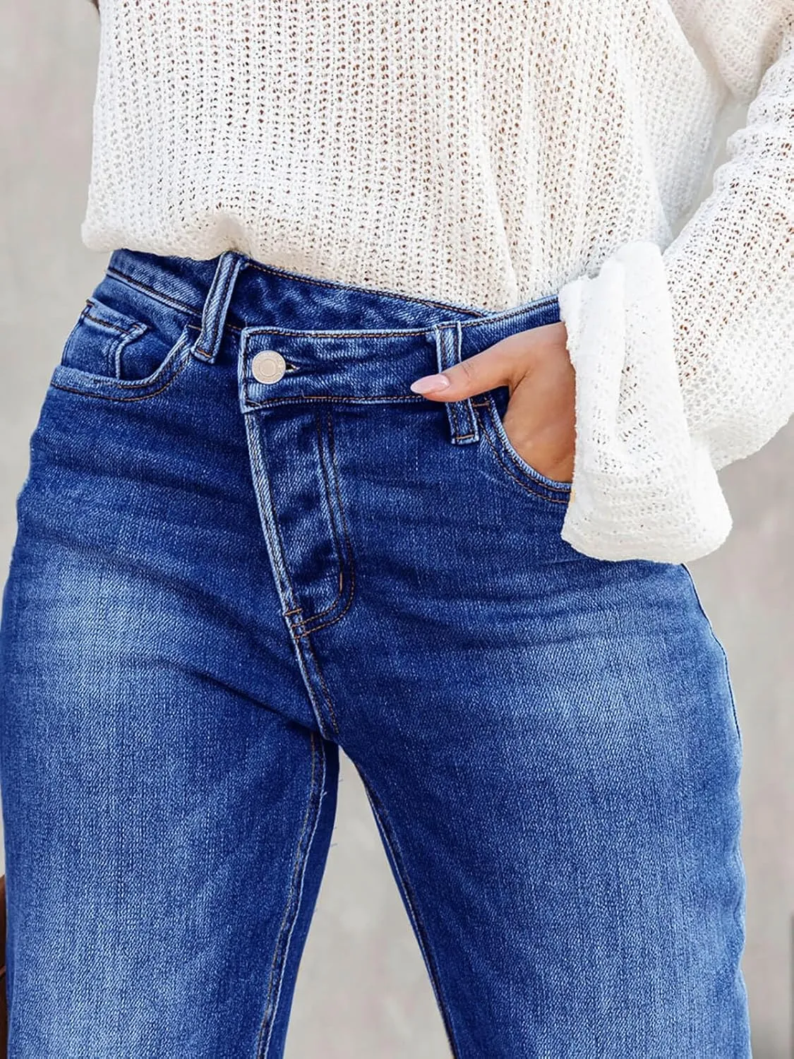 Cicy Bell Womens High Waisted Crossover Jeans 2024 Straight Leg Stretch Casual Cuffed Denim Pants