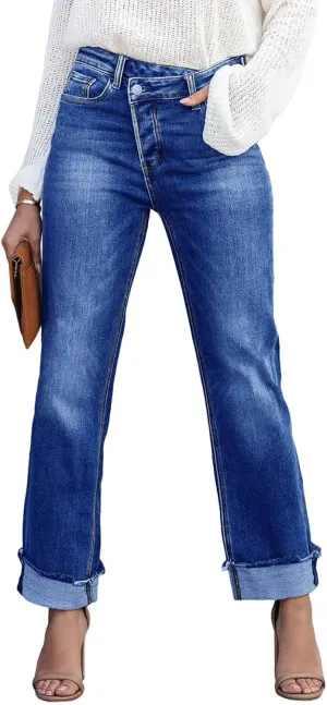Cicy Bell Womens High Waisted Crossover Jeans 2024 Straight Leg Stretch Casual Cuffed Denim Pants
