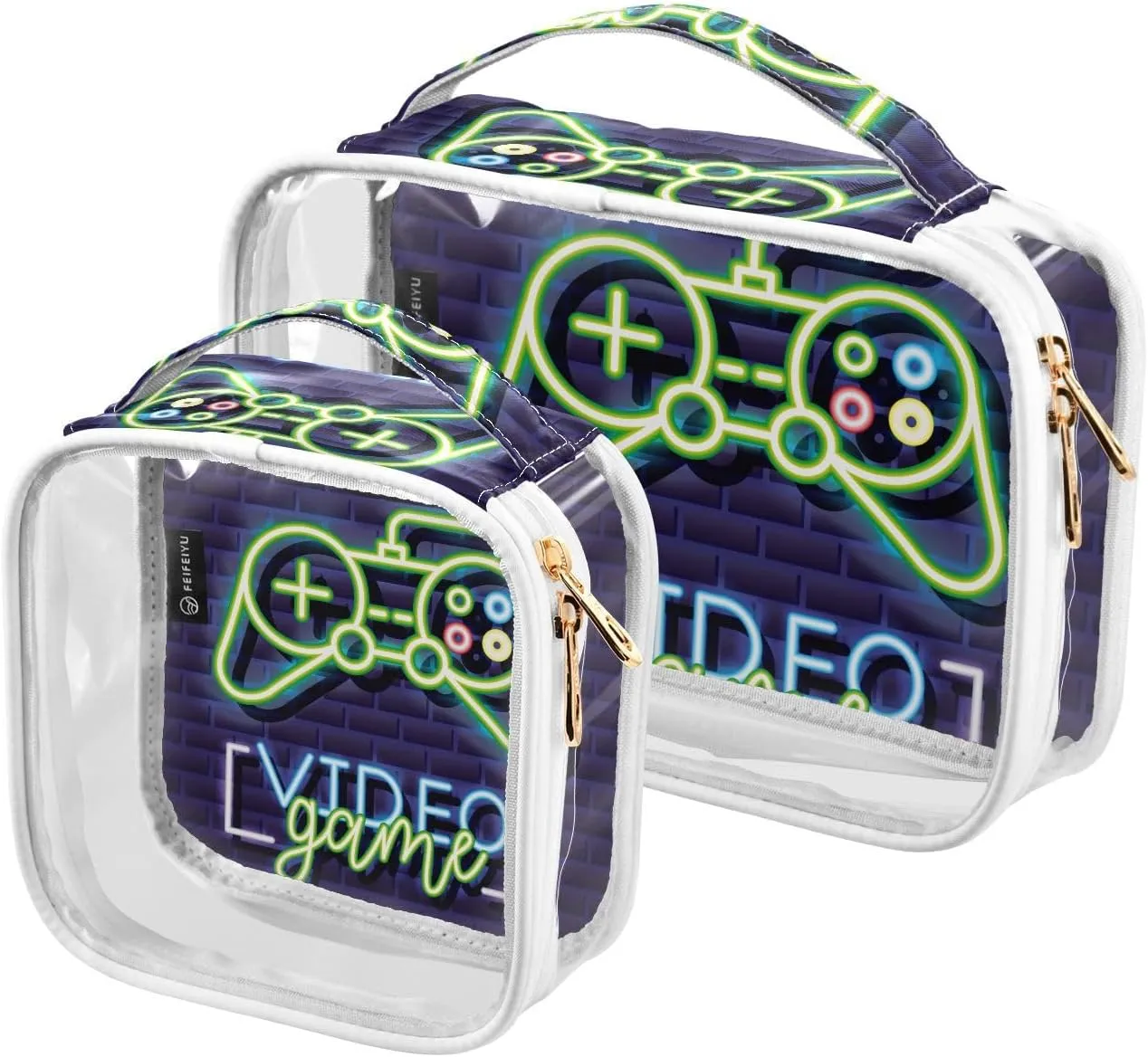 Classic-control-video-game Print 2 Pack Clear Toiletry Bag Women Men, Portable Waterproof Clear Pouch, Cosmetic Bag with Double Zippers Large Opening Traveling with Handle for Bathroom Traveling Vacat