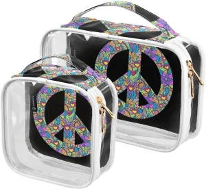 Colorful-peace-symbol-black-print 2 Pack Clear Toiletry Bag Women Men, Portable Waterproof Clear Pouch, Cosmetic Bag with Double Zippers Large Opening Traveling with Handle for Bathroom Traveling Vaca