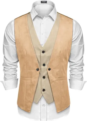 COOFANDY Men's Suede Leather Vest Layered Style Dress Vest Waistcoat