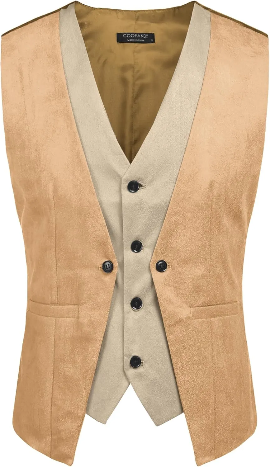 COOFANDY Men's Suede Leather Vest Layered Style Dress Vest Waistcoat