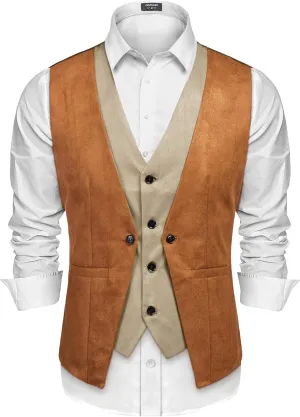 COOFANDY Men's Suede Leather Vest Layered Style Dress Vest Waistcoat