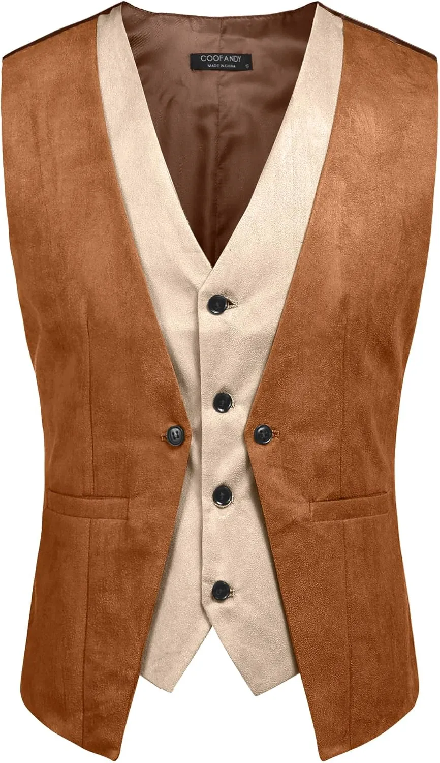 COOFANDY Men's Suede Leather Vest Layered Style Dress Vest Waistcoat