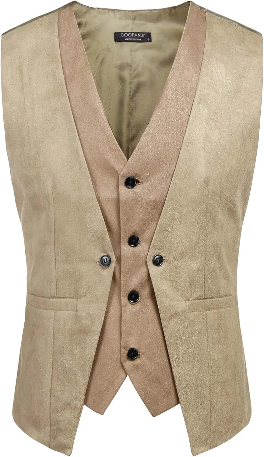 COOFANDY Men's Suede Leather Vest Layered Style Dress Vest Waistcoat