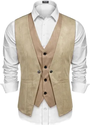 COOFANDY Men's Suede Leather Vest Layered Style Dress Vest Waistcoat