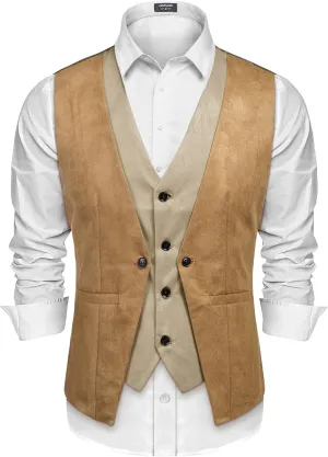 COOFANDY Men's Suede Leather Vest Layered Style Dress Vest Waistcoat