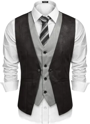 COOFANDY Men's Suede Leather Vest Layered Style Dress Vest Waistcoat